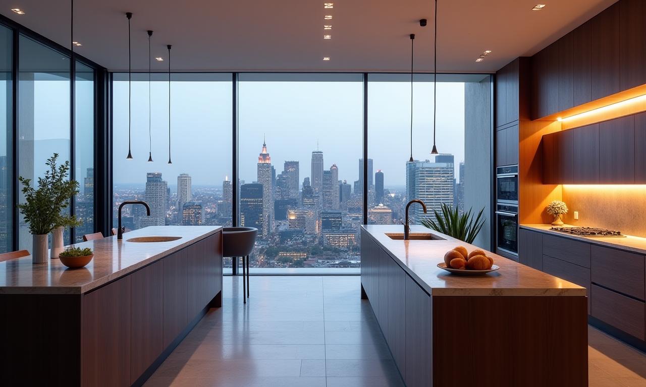 Modern kitchen renovation with a view of the Sydney skyline