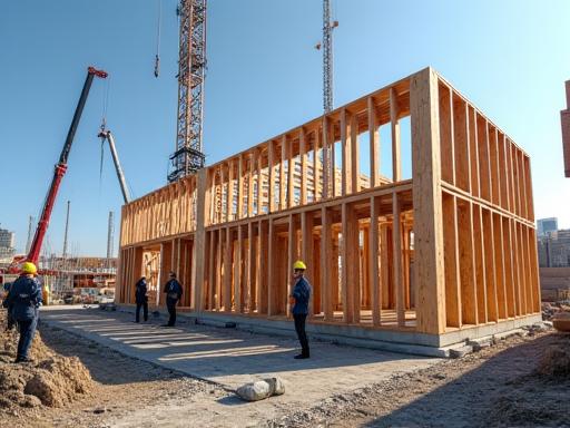 A construction site with a frame being erected