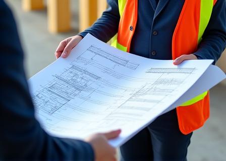 A project manager reviewing blueprints on-site