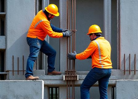 Workers reinforcing a building's structural beams